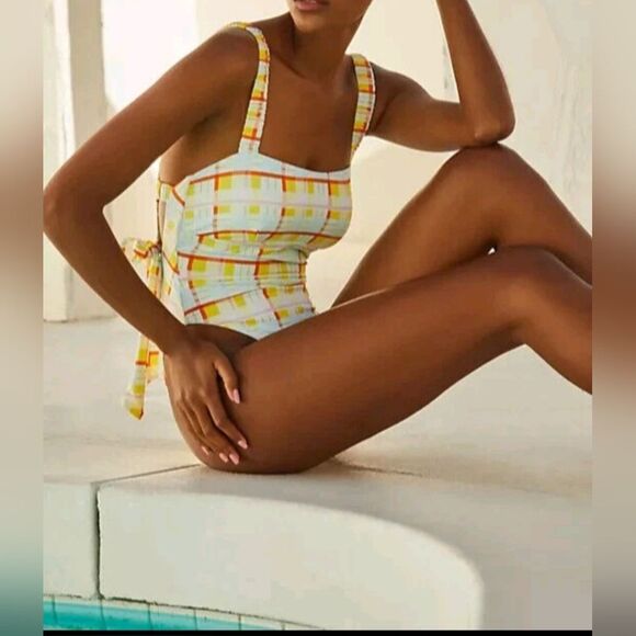 By Anthropologie Sanja Scrunchie Strap Plaid One Piece Swimsuit Size 8 - Picture 2 of 11